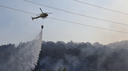 Un helicóptero intenta enfriar el incendio en Oia (Pontevedra)
