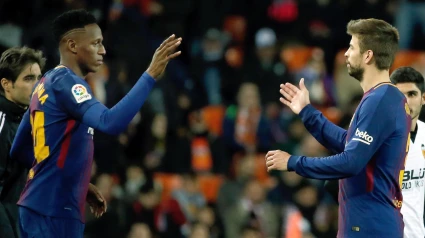 Yerry Mina y Gerard Piqué cuando coincidieron en el FC Barcelona