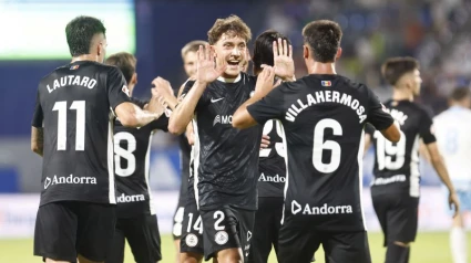Los jugadores del Andorra celebran uno de los goles ante el Zaragoza
