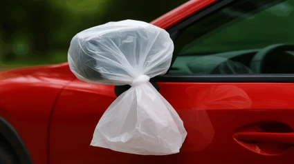 Un retovisor de un coche cubierto por una bolsa de plástico
