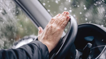 Bocina de coche, mano masculina en el volante del coche