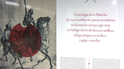 (Foto de ARCHIVO)Uno de los apartados de la decoración con el texto completo de El Quijote de la estación de Metro de Plaza de España, en la que se lee el inicio de la obra junto a una ilustración.Europa Press TV / Europa Press22 abril 2019, Metro, Quijote, Libro. 22/4/2019