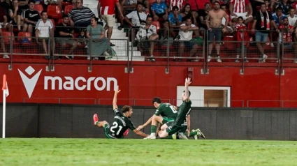 Los jugadores del Racing celebran un gol contra el Almería