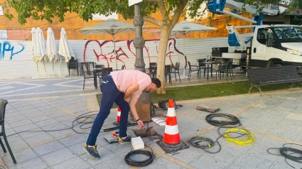 El concejal de Servicios Industriales supervisa el proceso de renovación de las farolas de la glorieta de San Vicente