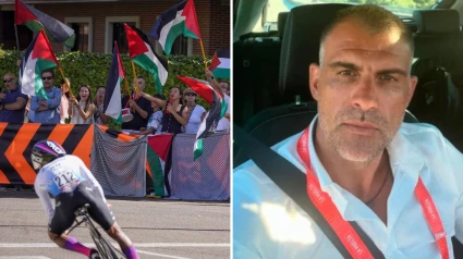 Grupos de personas protestan en apoyo a Palestina durante la 18º etapa de la Vuelta Ciclista a España y Óscar Pereiro