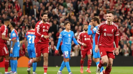 Andy Robertson celebra el 1-0 del Liverpool contra el Atlético