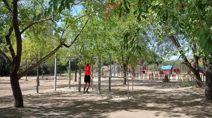 Un joven se entrena en las nuevas áreas de calistenia del Parque de Romacalderas