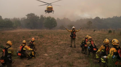 Brigadistas intentando apagar el fuego en Pantón (Lugo)