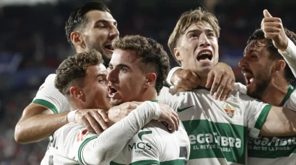 Los jugadores del Elche celebran el 1-1 de Pedrosa contra Osasuna