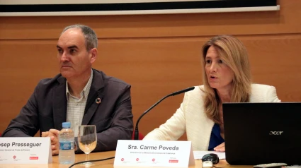 Josep Presseguer acompanyat per Carme Poveda al 2019 durant la presentació del document de la Memòria Econòmica de Catalunya 2018 a la Cambra de Lleida