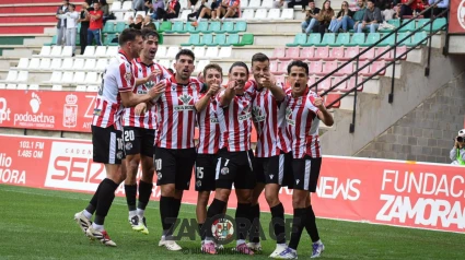 Los jugadores del Zamora celebran un gol ante el Mérida