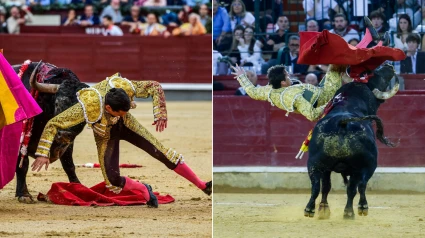 Momento de los percances sufridos por David Galván y Daniel Luque