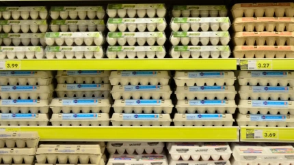 Estantería con huevos a la venta en un lineal de supermercado