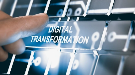 Finger pressing a digital button with the text digital transformation. Concept of digitalization of business processes. Composite between a photography and a 3D background. Horizontal image