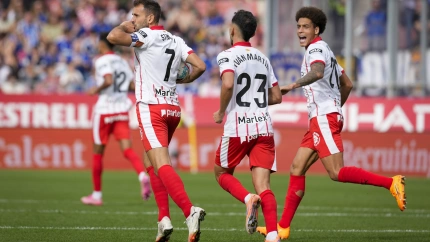 Stuani celebra su gol, en el Girona - Oviedo