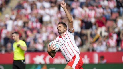 Stuani celebra su gol, en el Girona - Oviedo