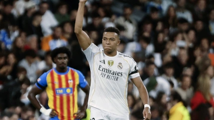 Kylian Mbappé celebra el 1-0 durante el Real Madrid-Valencia