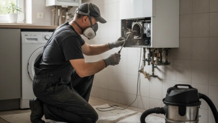 Un deshollinador haciendo una limpieza a una caldera de gas