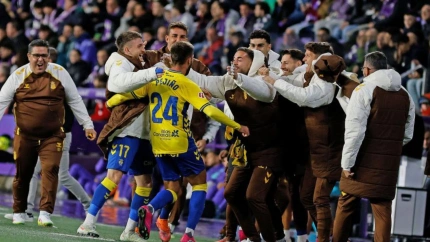 Pejiño celebra el gol que dio el triunfo a Las Palmas contra el Real Valladolid