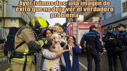 Momento en el que los bomberos entregan su dueña el perro rescatado del incendio