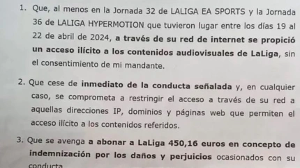 Extracto de una de las supuestas cartas que LaLiga ha enviado a algunos usuarios que han consumido fútbol de manera ilegal