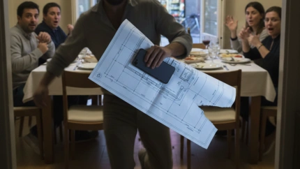 Una persona con un móvil y un plano de obra en la mano