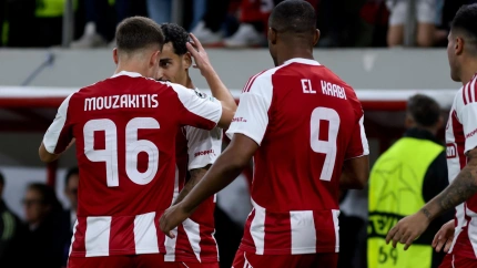 El Olympiacos celebra uno de los goles al Real Madrid