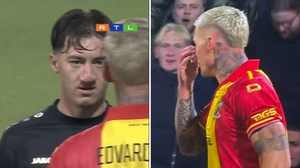 Edvardsen realiza el polémico gesto al alemán Angelo Stiller.