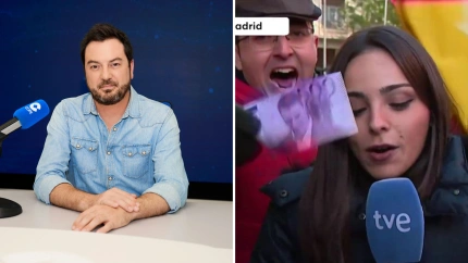 Jorge Bustos con periodista de TVE, collage recurso