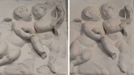 Antes y después de la intervención en un relieve de yeso
