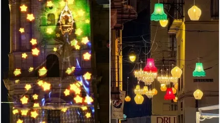 Imagen de la fachada de la Catedral de Málaga y la decoración de calle San Juan