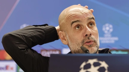 El entrenador del Manchester City, el español Pep Guardiola, durante la rueda de prensa ofrecida este martes en el estadio Santiago Bernabéu, en Madrid, en la víspera del partido de Liga de Campeones ante el Real Madrid