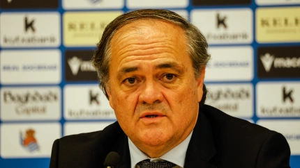 Jokin Aperrribay en rueda de prensa después de la Junta General de Accionistas de la Real Sociedad