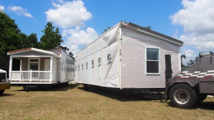 MM95CC Second half of manufactured home being placed next to first half, USA 2018, © Katharine Andriotis