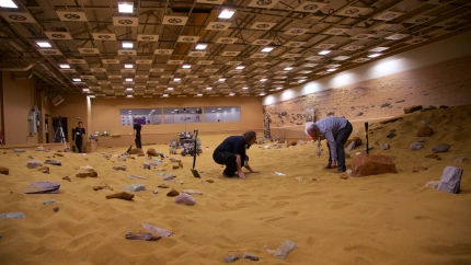 J28YJH Scientists prepare a warehouse in Stevenage to look like the surface of Mars for testing ESA's ExoMars rover mission to Mars