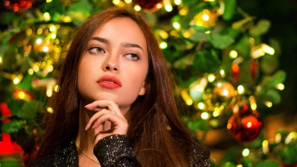 Mujer con un jersey marrón en Navidad