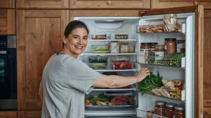 Una mujer abriendo un frigorífico con sobras de comida