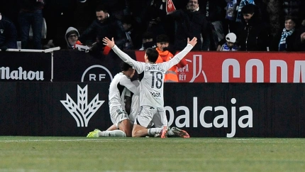 Jefté celebra el 2-1 para el Albacete frente al Real Madrid, en Copa