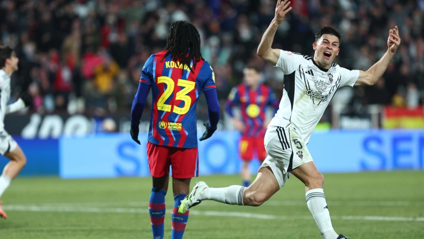 Javi Moreno celebra el gol del Albacete al Barcelona
