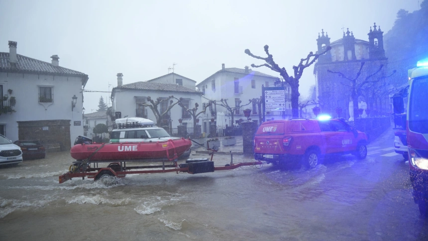 Miembros de la UME trabajan en labores de achique de agua en calles y vivendas de la localidad gaditana de Grazalema inundadas tras el paso de la borrasca Leonardo. A 4 de febrero de 2026, en Grazalema, Cádiz (Andalucía, España). La Unidad Militar de Emer