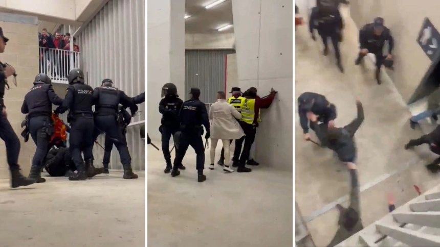 La policía carga contra aficionados de Osasuna después del partido ante el Real Madrid.