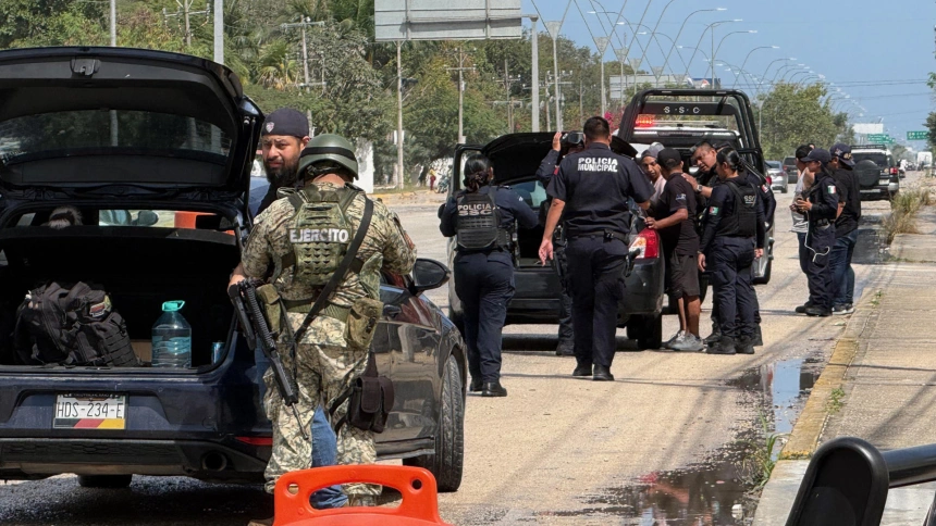 Integrantes del Ejército de México y policías estatales revisan vehículos