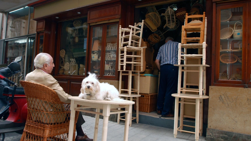 Un jubilado y un perro blanco frente a una tienda de muebles tradicionales en Málaga