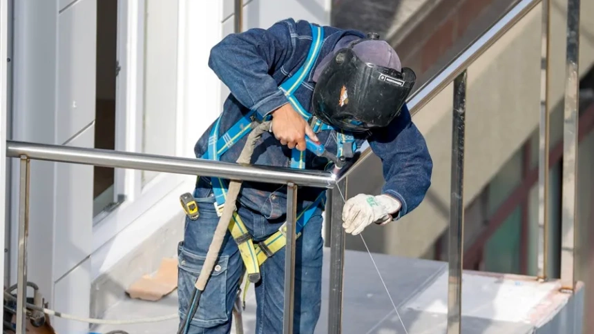 Un soldador, durante el montaje de una barandilla en la construcción de unas viviendas.