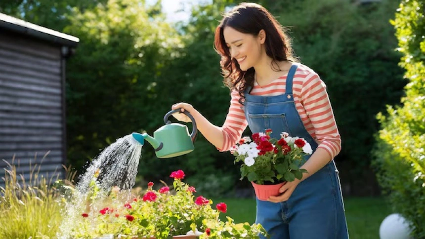 Mujer regando las plantas del jardín