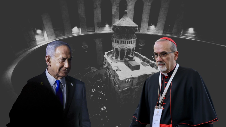 Montaje Netanyahu y Pizzaballa con el Santo Sepulcro detrás