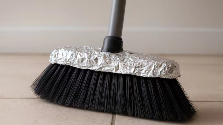 Una escoba con papel de aluminio