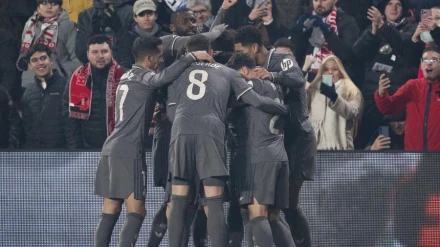 Los jugadores del Real Madrid celebran el gol de Rodrygo ante el Rayo