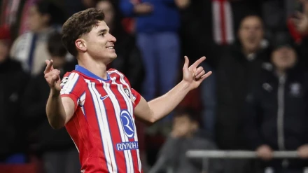 Julián Álvarez, tras conseguir el primer gol del equipo rojiblanco en Champions contra el Leverkusen