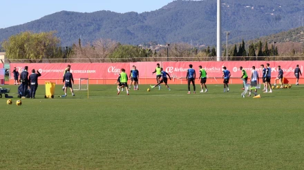 Los jugadores del Mallorca, durante el entrenamiento de hoy